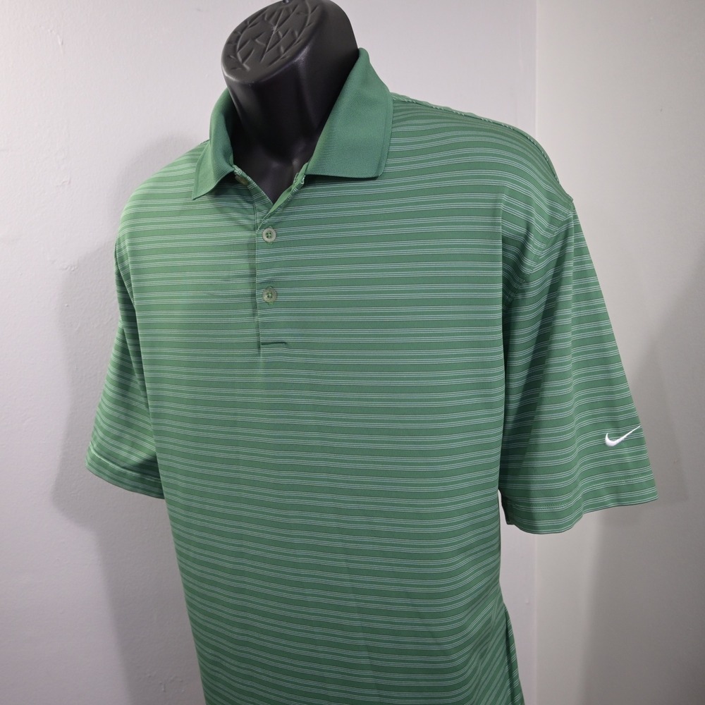 Nike Golf Polo Mens XL Green Striped Nike Dri Fit Performance Short Sleeve